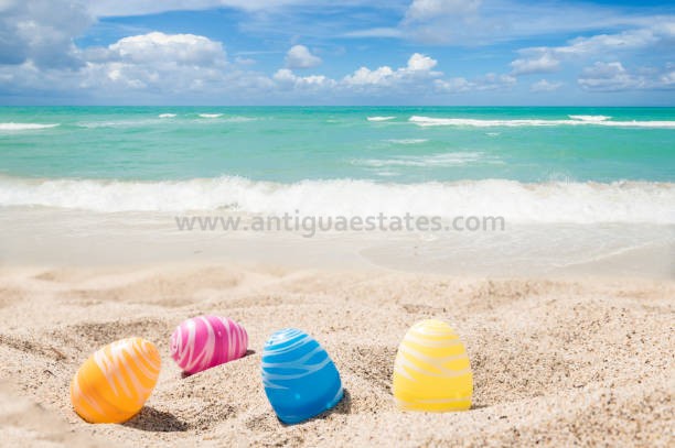 Easter bunny with color eggs on the sandy beach near ocean